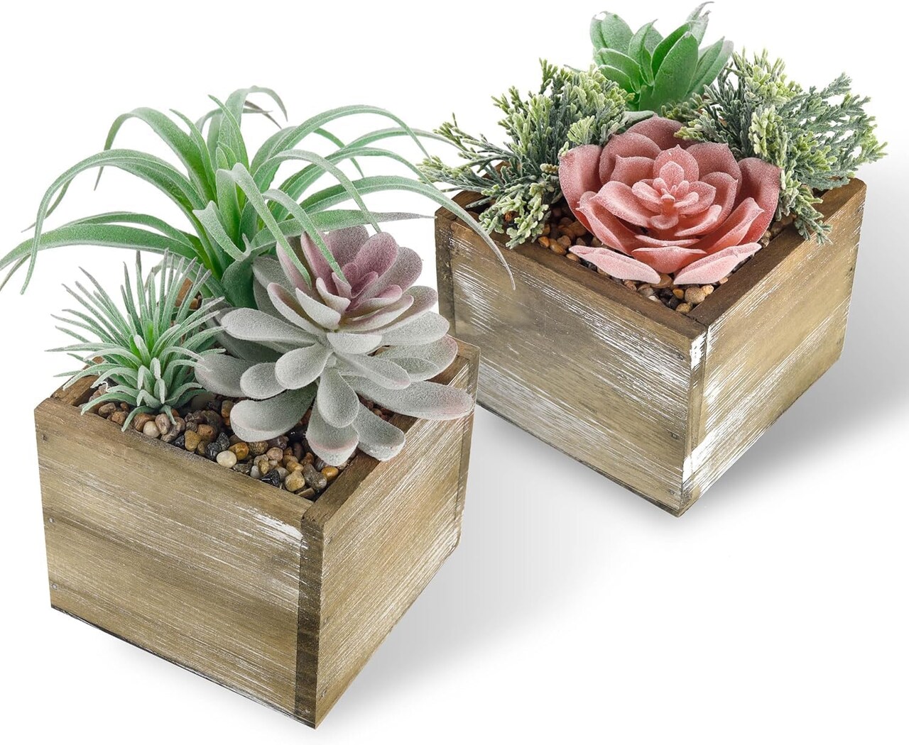 2 Pack Artificial Cactus & Succulent Small Potted Plants in Wooden Pots with Pink Flowers – Faux Desk Plants for Farmhouse Bathroom, Home, Office & Room Decor